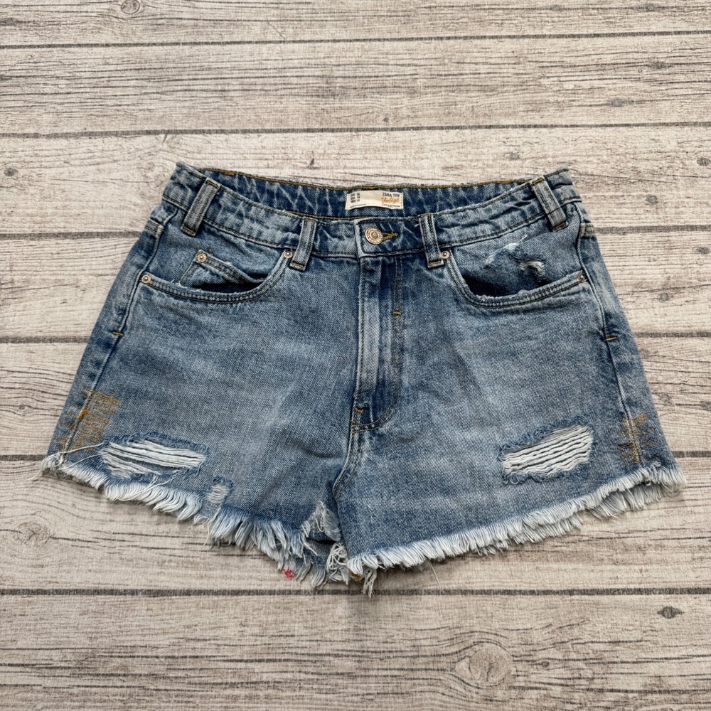 Zara Shorts Women's 4 Blue Denim Distressed Vintage Collection High-Rise Cut Off